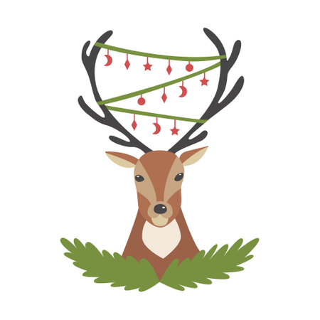 christmas deer with garland on the hornsのイラスト素材