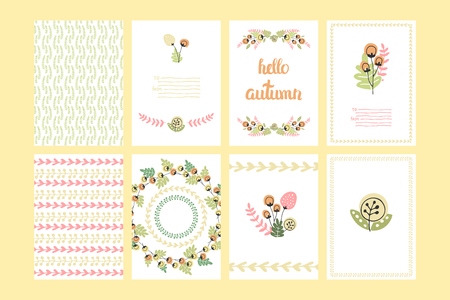 Vector Cute Collection Of Autumn Cards AndI Invitations. Wiyh Hand Drawn Lettering And Flower. The Trend for banners, labels, signs, prints, posters, web and phone case.のイラスト素材
