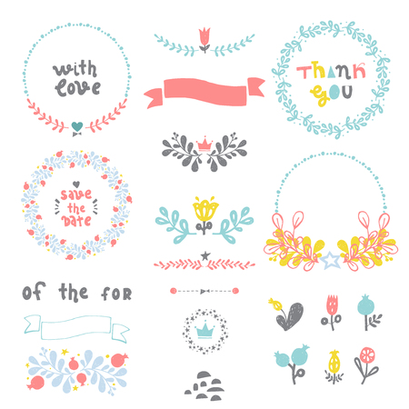 Rustic hand sketched wedding elements set. Floral doodles, branches, flowers, laurels, banners and frames.  Ideal for Save the Date cards, Wedding invitations, Thank You cards and RSVP cardsのイラスト素材