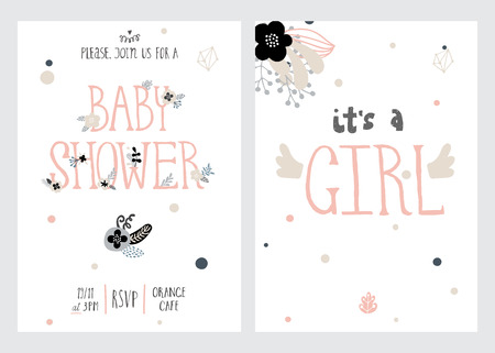Baby shower girl and boy posters, vector templates. Vintage style with leaves, flowers, lettering.のイラスト素材