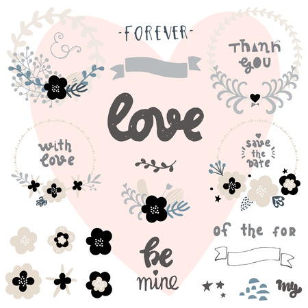 Set elegance trendy hand sketched wedding elements set. Collection floral doodles, branches, flowers,lettering, banners and frames. Ideal for Save the Date cards, Wedding invitations, St. valentine and babyshower cards. On white background.のイラスト素材
