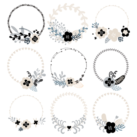 Set elegance trendy hand sketched wedding elements set. Collection floral doodles, branches, flowers, laurels, banners and frames. Ideal for Save the Date cards, Wedding invitations, babyshower cards.のイラスト素材