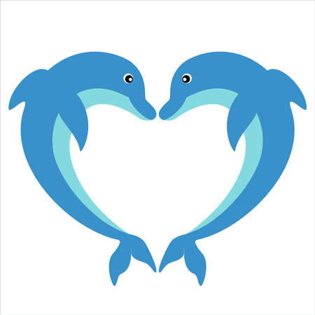 two dolphins in love look at each other, a pair of dolphins flat illustration, dolphins in heart shapesのイラスト素材