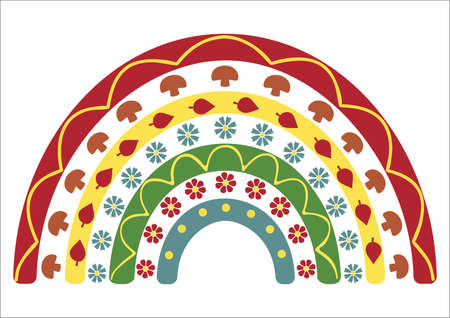 Autumn rainbow vector, rainbow with flowers, autumn leaves and mushrooms, blue red yellow green rainbow pastelのイラスト素材