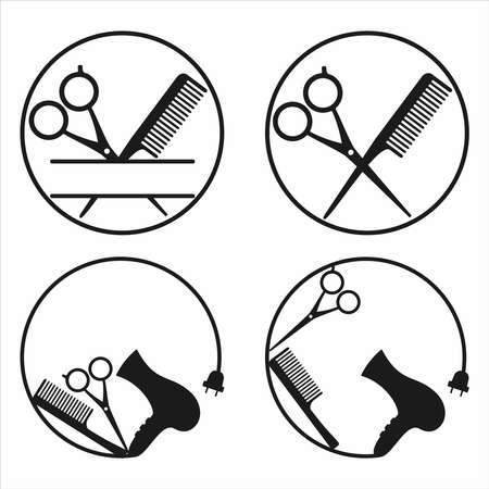 hair stylist symbol, hairdresser, silhouettes of hair dryer, scissors and combsのイラスト素材