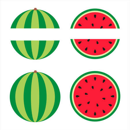 Watermelon slice and whole watermelon flat illustration, watermelon splitのイラスト素材