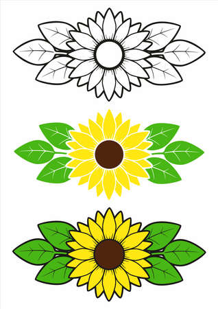 Yellow sunflower with green leaves flat illustration and outline drawing of sunflower by line, set of sunflower flowers with vinesのイラスト素材