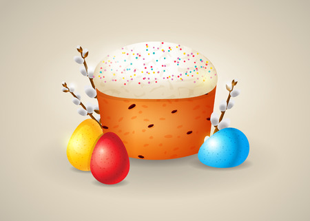 Traditional Easter treats vector illustration. Delicious Easter cake with creamy top, colorful eggsのイラスト素材