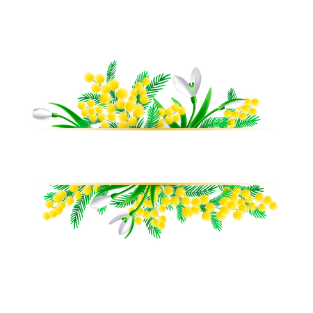Mimosa and snowdrop branches horisontal frame template. Vector illustration.のイラスト素材