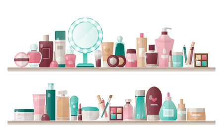Set of cosmetics, make up icons and eskin care elements. Vector flat illustrationsのイラスト素材