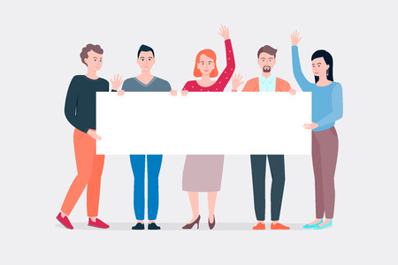 Striking people holding empty banner. Vector illustration of group of male and female people standing in frontのイラスト素材
