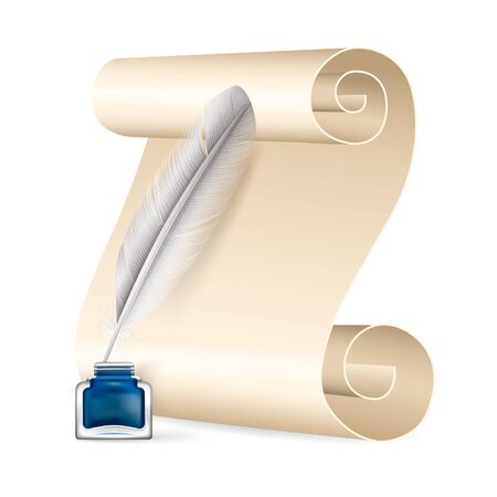 Paper scroll with white feather and inkwellのイラスト素材