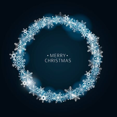Dark vector blue background winter frame with shiny snowflakesのイラスト素材