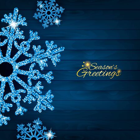 Greeting card with sparkling glitter blue textured snowflakes. Seasonal holidays backgroundのイラスト素材