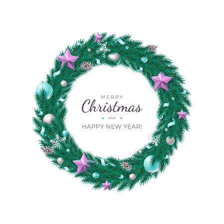 Vector illusatration of green Christmas Wreath with ribbons, balls and pinecones isolatedのイラスト素材
