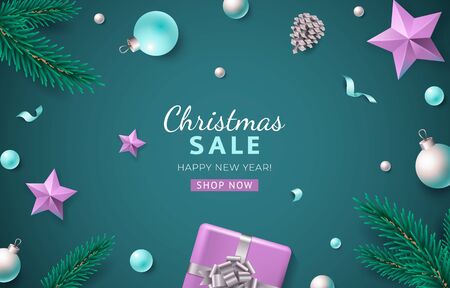 Xmas flat lay poster with decorations, snowflakes. Sale vector card designのイラスト素材