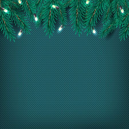 Holiday dark background with Christmas tree branches and light garlandのイラスト素材