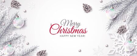 Vector Christmas banner with silver colored fir branches, transparent glass baubles, pine cones, paper snowflakesのイラスト素材