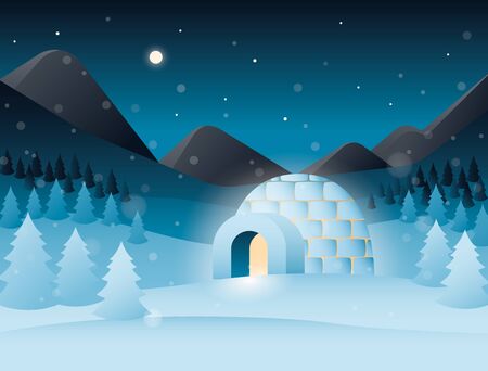 Vector night scenery with icy cold house, mountains, forestのイラスト素材