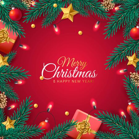 Vector illustration of christmas background with light garland, stars, pinecones, ballsのイラスト素材