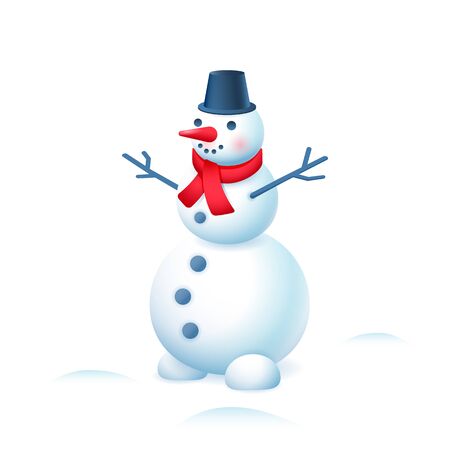 Snowman in bucket hat and red scarf isolated on white background. Vectorのイラスト素材