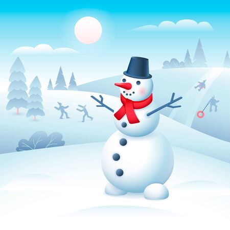 Vector Illustration of a cute snowman in scarf and bucket hat on winter landscapeのイラスト素材