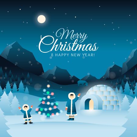 Vector Characters Eskimos. Concept Christmas greeting background with inuit family near igloo houseのイラスト素材