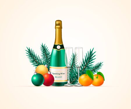 New Year Party invitation card with champagne bottle, glasses, tangerines, christmas baubles. Vector illustrationのイラスト素材
