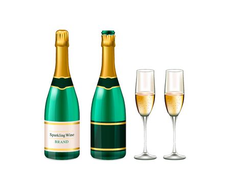 Vector champagne green bottles with gold foil and champagne glasses. Isolated illustration on white backgroundのイラスト素材