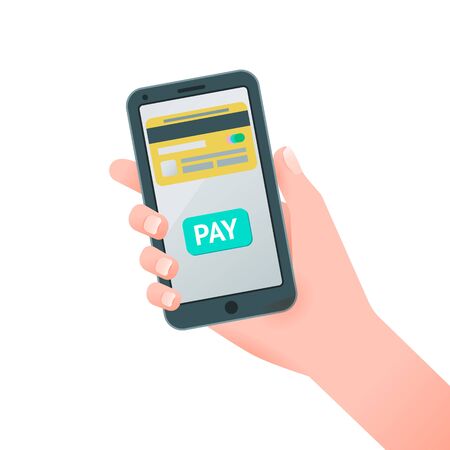 Credit card and pay on smartphone screen. Hand holding smartphone. Success concept. Flat design vector illustrationのイラスト素材