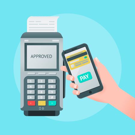 Mobile wireless payment concept. Vector illustration of pos terminal, mobile phone in handのイラスト素材