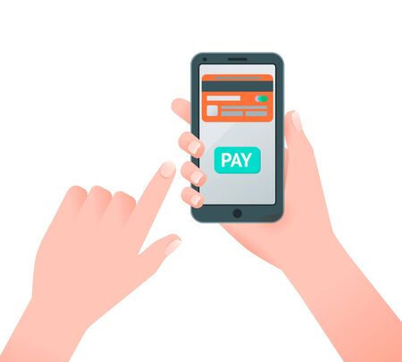Mobile payment, hand holding phone and finger touch the screen, flat vector designのイラスト素材