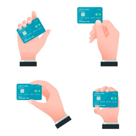 Vector set of isolated man's hands holding credit cardsのイラスト素材