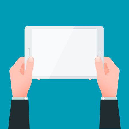 Male Hands holding tablet computer with blank screen. Vector flat design conceptのイラスト素材