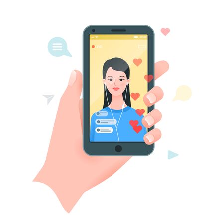 Video streaming app on a smartphone with young blogger. Hand holding phone.のイラスト素材