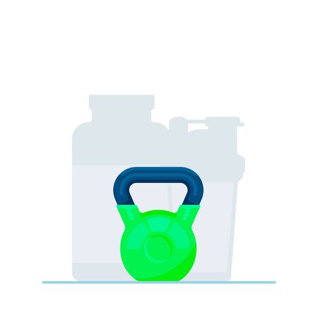 Vector kettlebell icon in stylish flat style. Illustration of kettlebell and gray sport items on the backgroundのイラスト素材