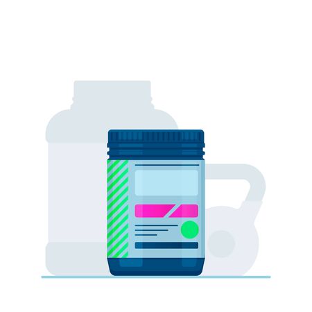 Sport Nutrition Containers. Branched-Chain Amino Acids set. Black cans collection with BCAA. Jar label on white background. Vector product packagingのイラスト素材