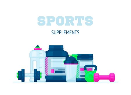 Sports supplements vector set isolated from the background. Flat style bodybuilding icon setのイラスト素材