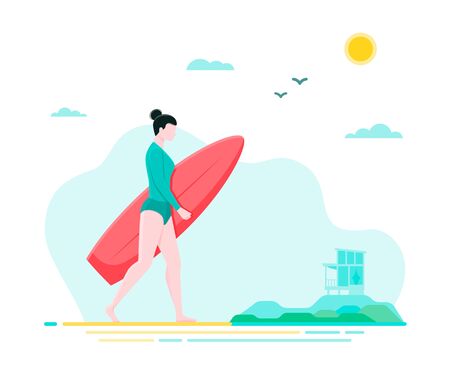 Girl walking with surffing board on a tropical beach. Vector flat illustrationのイラスト素材