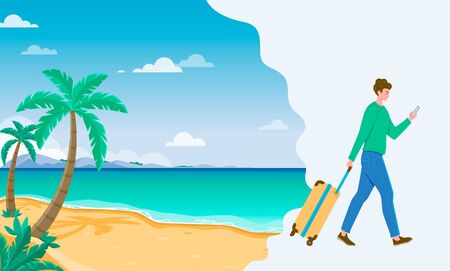 Tourism to tropical countries. Man using smartphone and walk with suitcase. Vector illustrationのイラスト素材