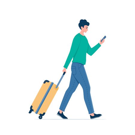 Young man using smartphone and walk to the airport with suitcase. Vector illustrationのイラスト素材