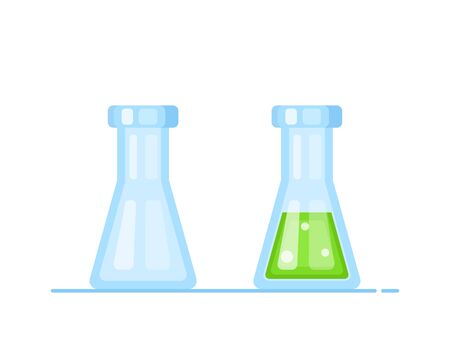 Vector flat set of science laboratory flasks. Empty and full conical flasksのイラスト素材