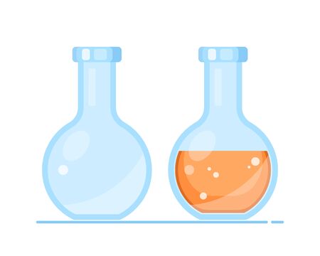 Vector flat set of Laboratory glass flasks. Empty and full round flasksのイラスト素材