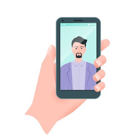 Vector flat guy taking self portrait. Human hand holding mobile phone.のイラスト素材