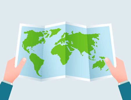 Green folded paper world map with hands vector illustration.のイラスト素材