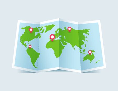 Green folded paper world map with pins vector illustration.のイラスト素材