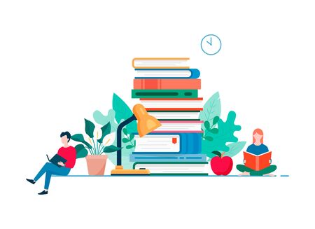 Home reading modern flat design concept. Studying peopleのイラスト素材