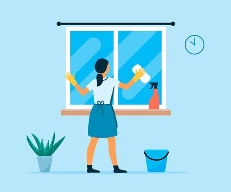 Woman making cleaning window at homeのイラスト素材