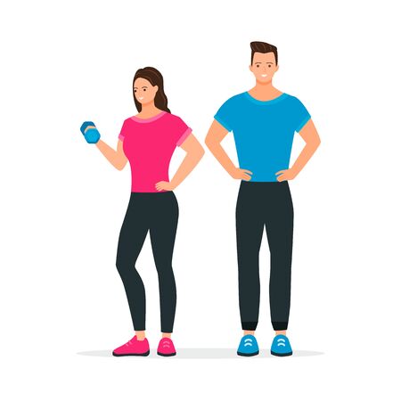 Vector flat fitness couple. Smiling man and woman in sportswearのイラスト素材