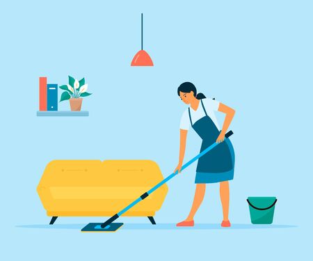 Woman cleaning floor with a mop and a bucket of water. Flat style vector illustration. Housewife doing housework at homeのイラスト素材